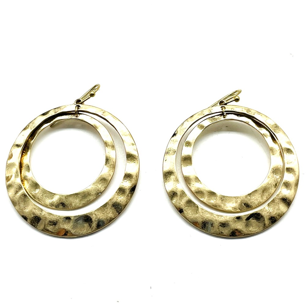Vintage Hammered Double Hoop Earrings Gold Tone Pierced Textured Statement